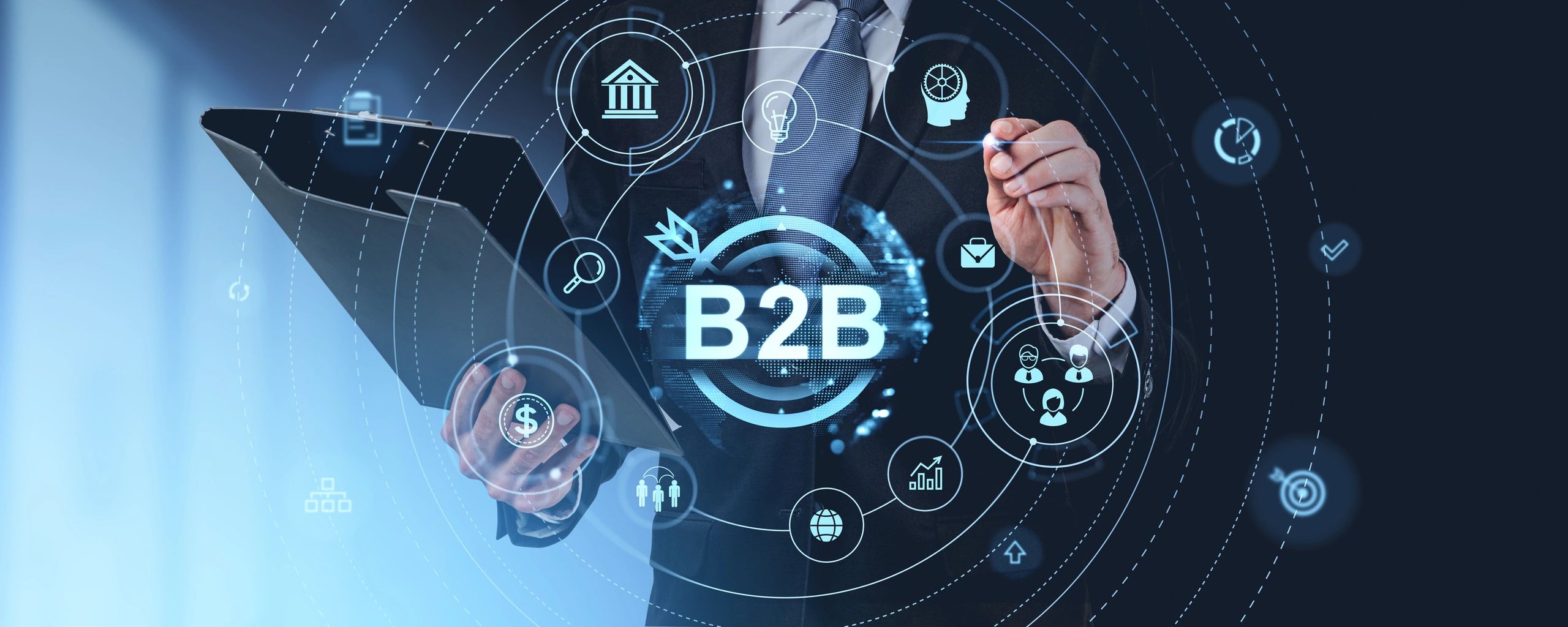 Businessman with clipboard and pen touch b2b glowing